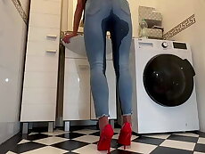 Wetting extremely Jeans and Red paradigm High Heels and play with Pee